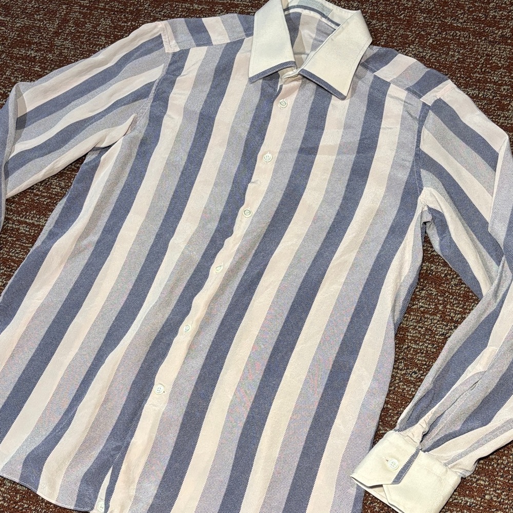 Stefano Ricci stripe silk pastrl long sleeve button down dress shirt slim fit